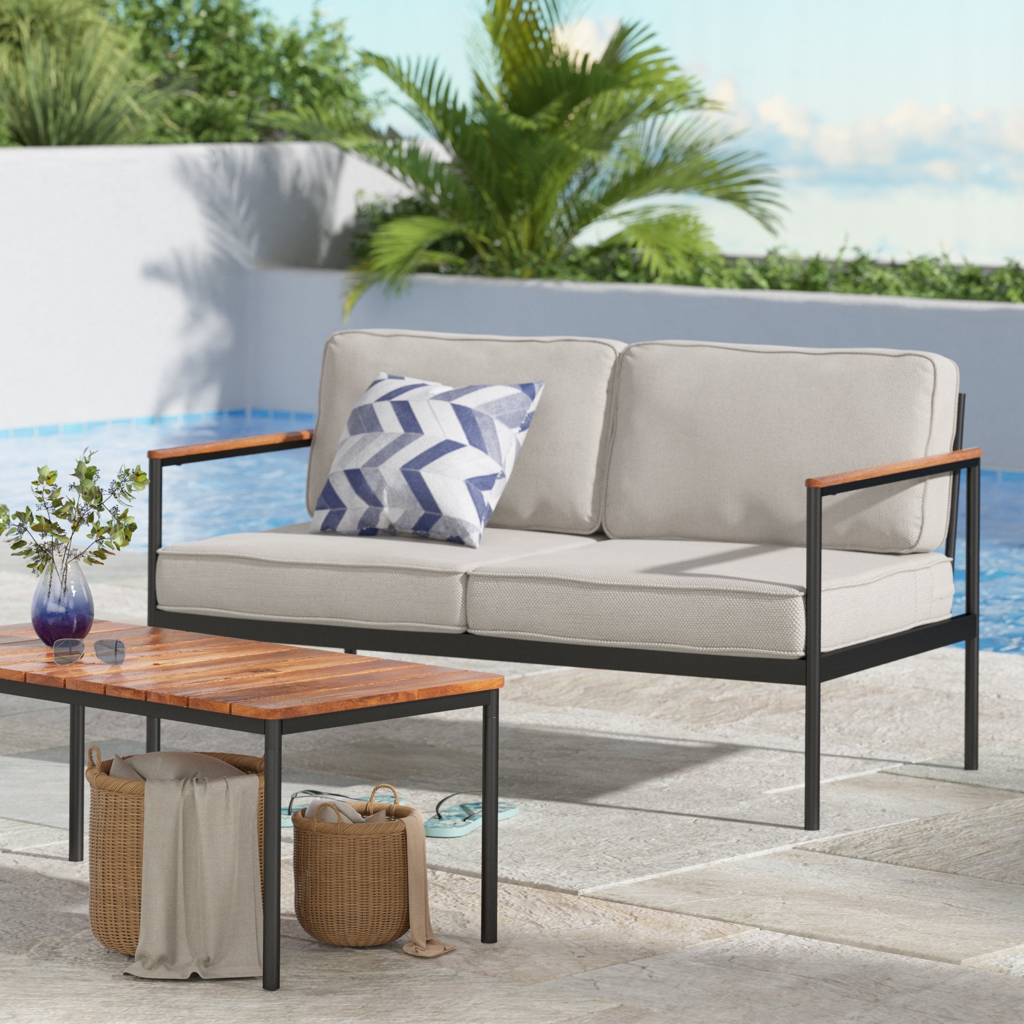 Savannah Aluminum and Acacia Wood Outdoor Loveseat with Cushions and W
