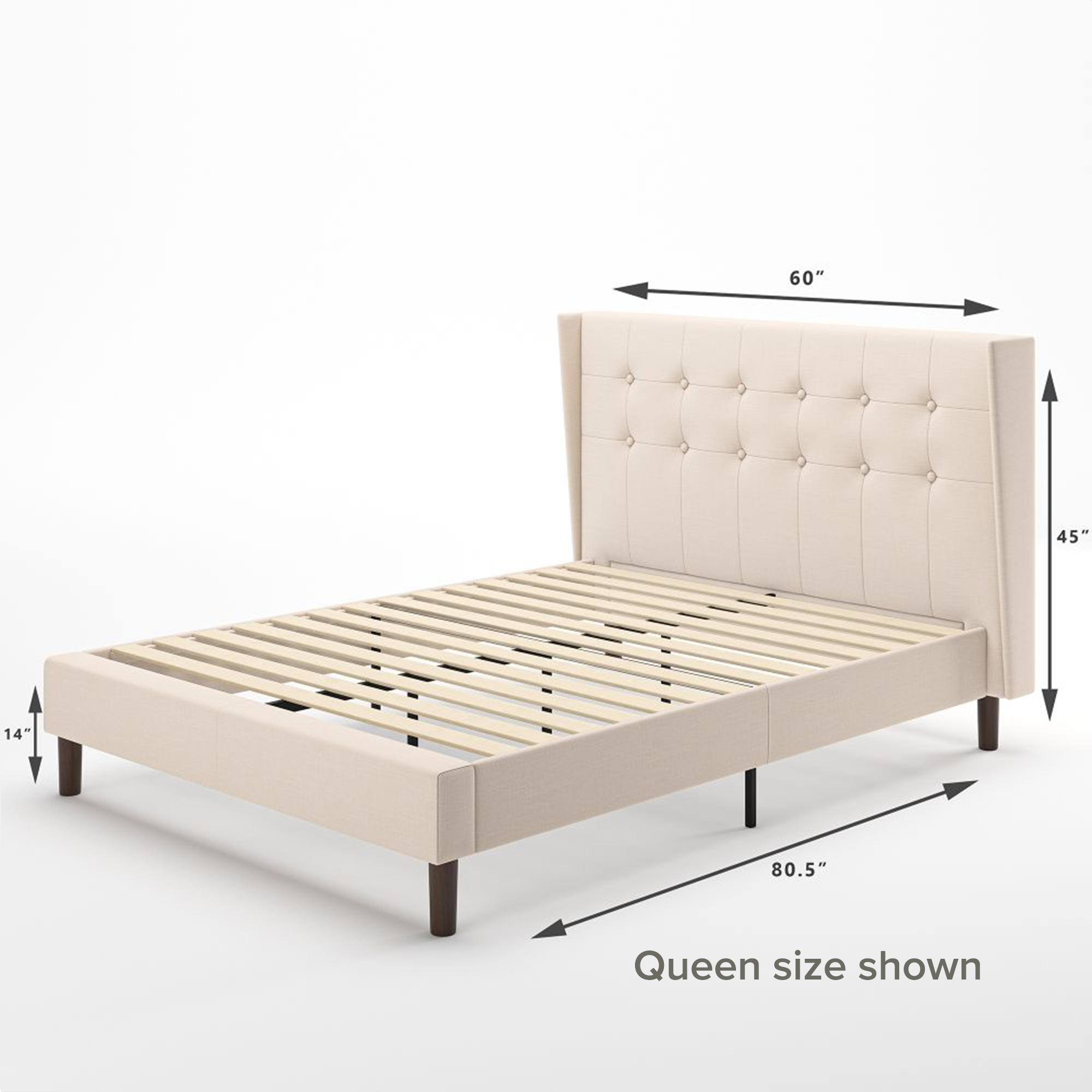 Athena upholstered platfrom bed frame queen size dimensions