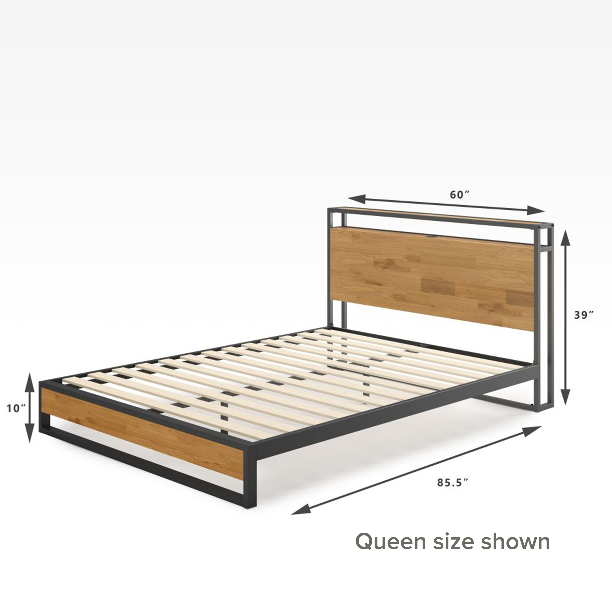 Suzanne Metal and Wood Platform Bed Frame with Headboard Shelf and USB Port Queen Size Dimensions