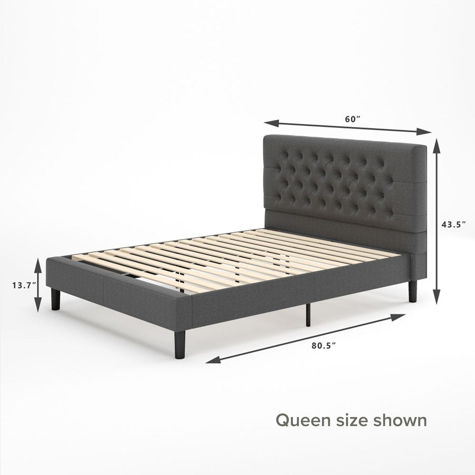 Misty upholstered Platform bed frame grey queen size dimensions shown