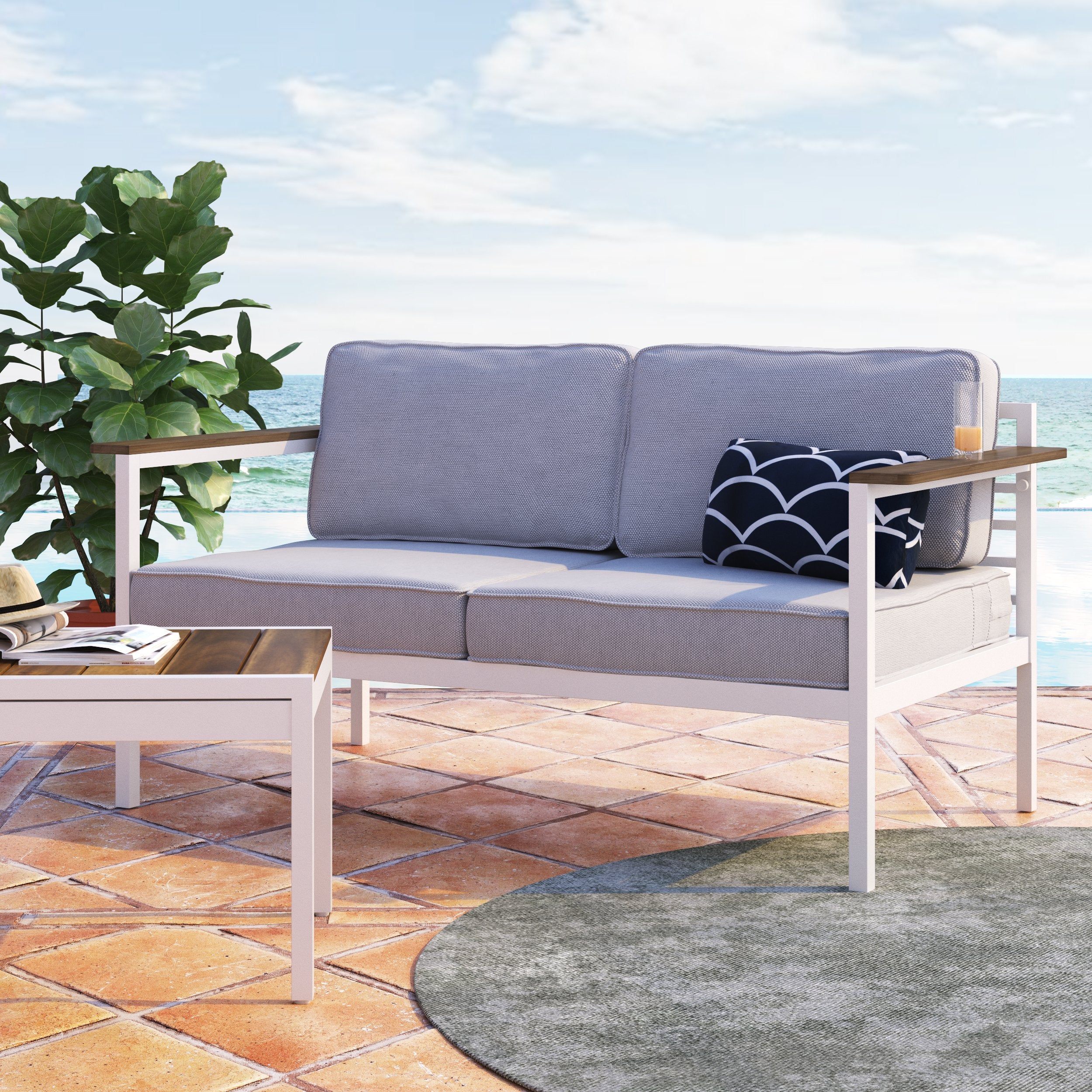 Pablo Aluminum and Acacia Wood Outdoor Loveseat 