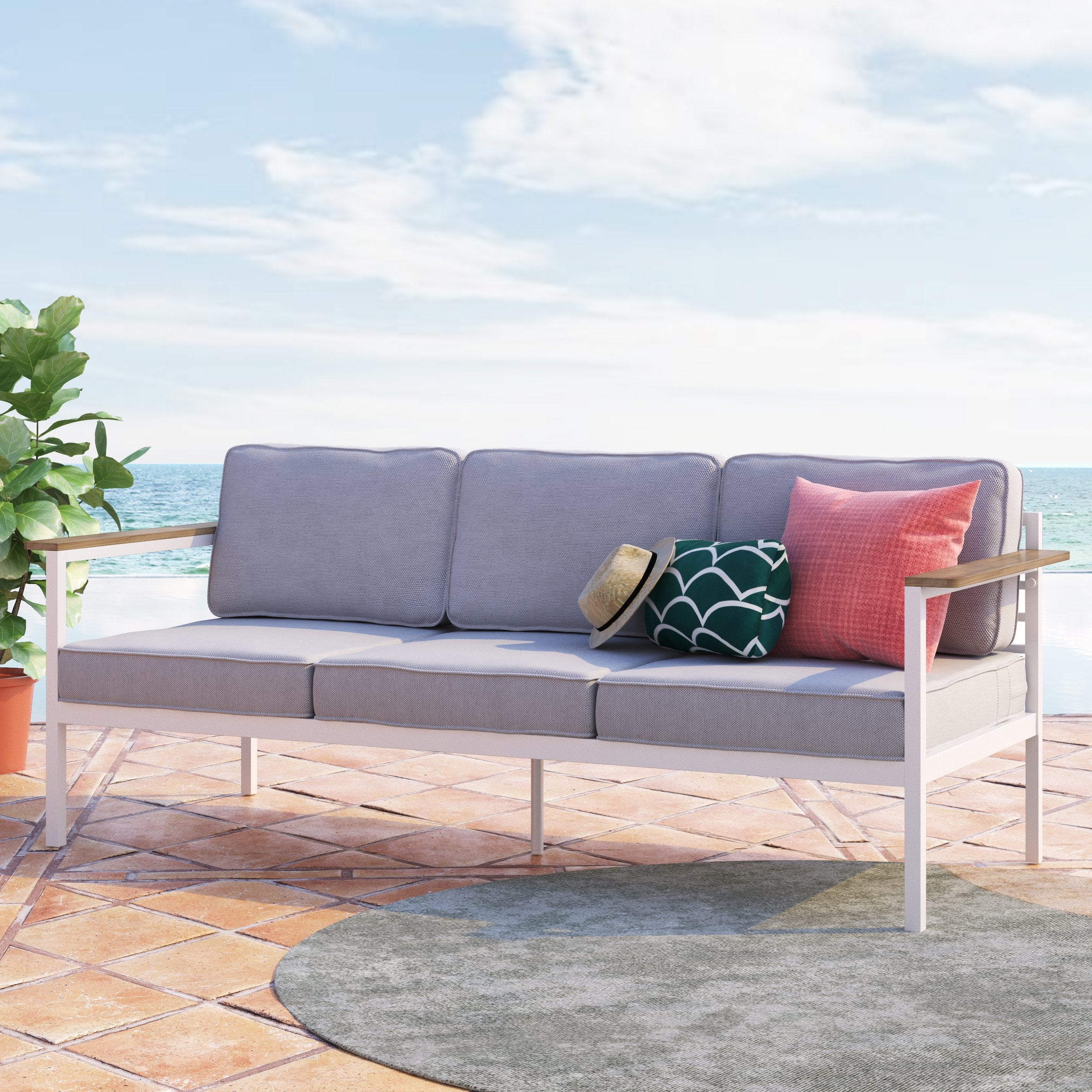 Pablo Aluminum and Acacia Wood Outdoor Sofa 