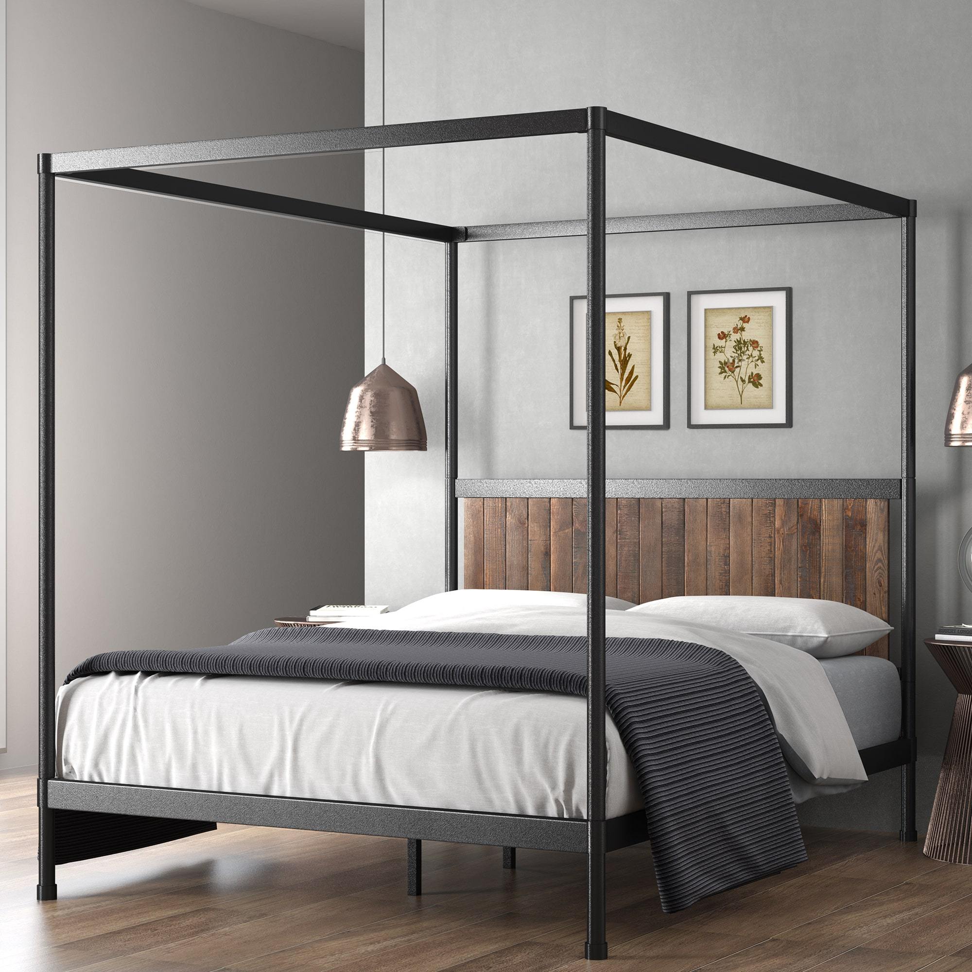 Wesley Metal and Wood Canopy Platform Bed